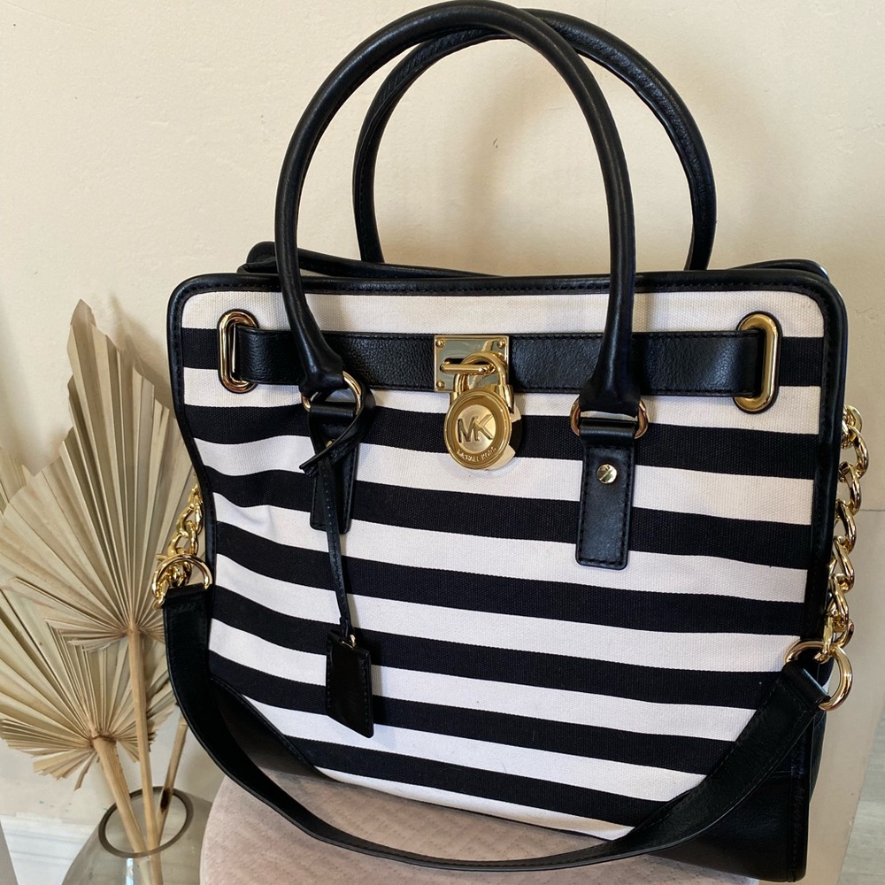 Michael Kors Hamilton Striped Canvas NS Tote Black